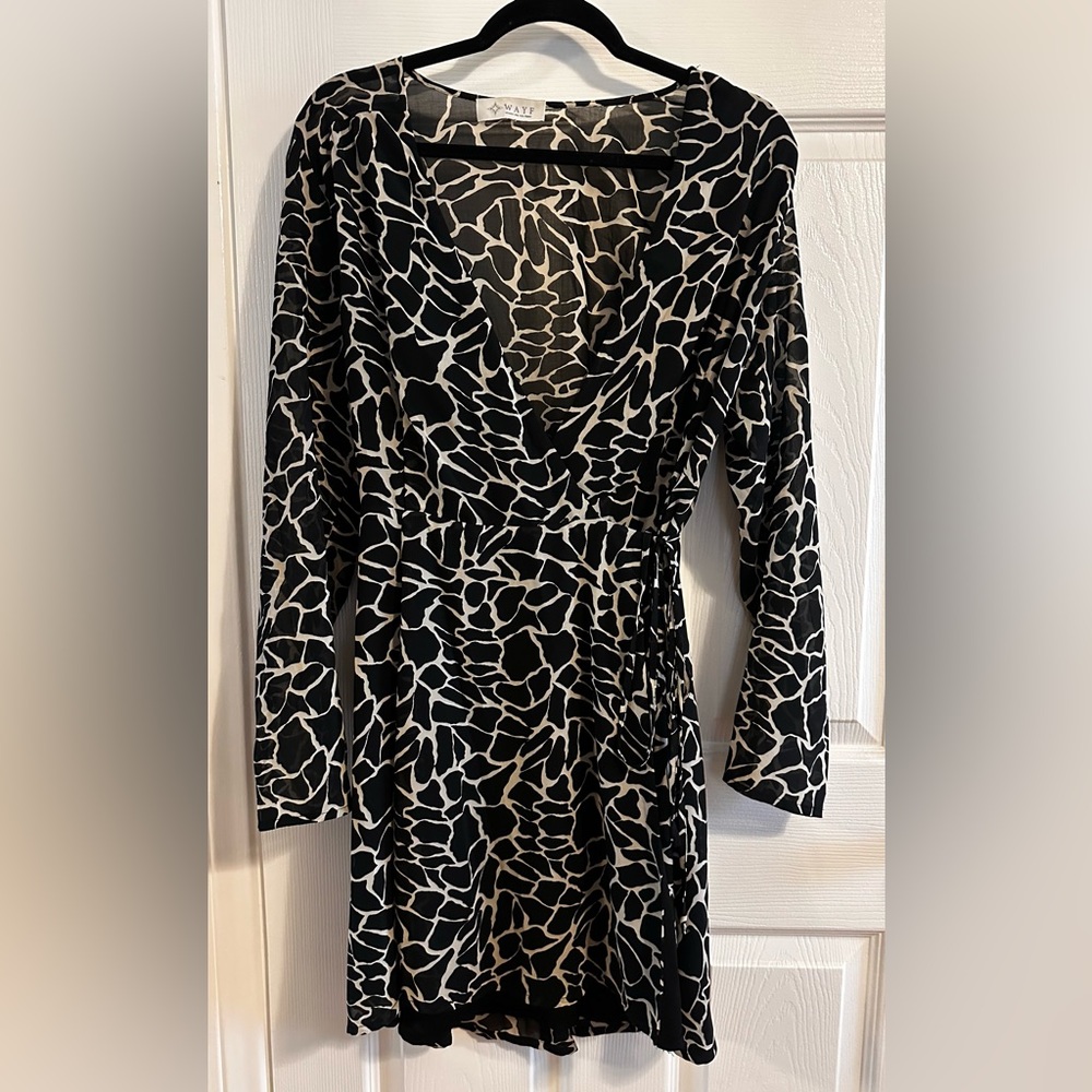 Wayf Black & White Long Sleeve Wrap-Style Dress